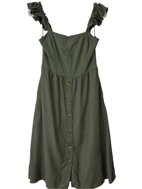 Audrey Parks Francesca's Olive Green Ruffle Strap Button-Front Midi Dress